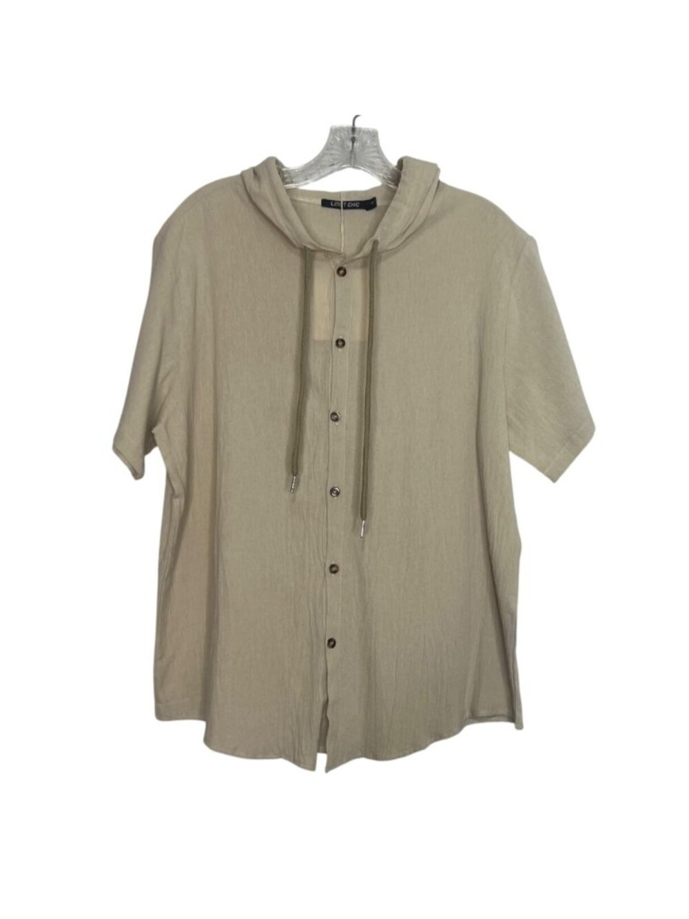 Lingt Chic Hooded Button Up Shirt Small Beige New Short Sleeves Lightweight